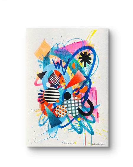 A vibrant abstract artwork by Kate Elkington featuring a dynamic mix of bold shapes, patterns, and colors. The composition includes overlapping circles, triangles, and lines in neon pinks, blues, oranges, and yellows, accented with stripes, polka dots, and grid designs. The piece radiates energy and playful creativity.