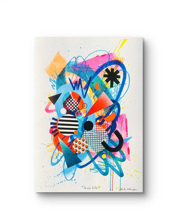 A vibrant abstract artwork by Kate Elkington featuring a dynamic mix of bold shapes, patterns, and colors. The composition includes overlapping circles, triangles, and lines in neon pinks, blues, oranges, and yellows, accented with stripes, polka dots, and grid designs. The piece radiates energy and playful creativity.