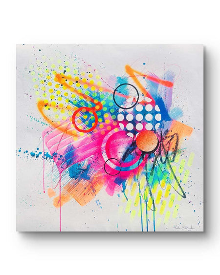 A vibrant abstract artwork bursting with neon hues of pink, orange, yellow, and blue. The composition features bold circular shapes, polka dot patterns, energetic paint splatters, and expressive brushstrokes. Layered textures add contrast and depth, creating a dynamic piece full of playful movement and joyful energy.