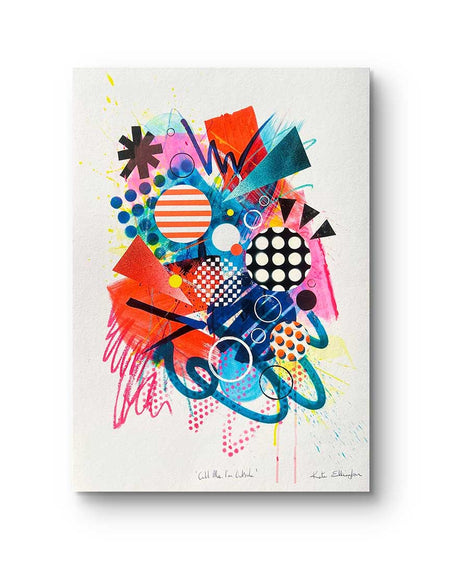 A vibrant abstract artwork by Kate Elkington, filled with bold shapes, patterns, and dynamic colours. The piece features overlapping circles, triangles, and curved elements in vivid tones of pink, orange, blue, and yellow, accented with polka dots, grids, and energetic brushstrokes. The design conveys a sense of playful energy and movement.