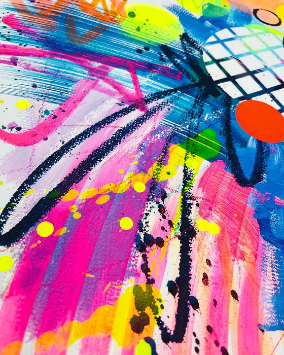 Close up details of a dynamic abstract artwork by Kate Elkington featuring bold splashes of neon pink, yellow, orange, and blue, combined with graphic circle shapes, stripes, black accents and white grid patterns. Expressive brush strokes, crayon scribbles and paint drips add movement and energy, creating a vibrant and playful composition that radiates joy and positivity.