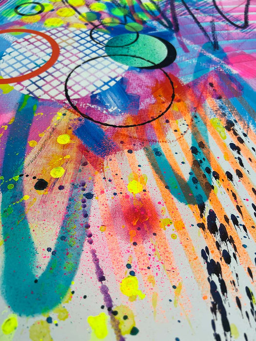 Close-up of details and textures of a dynamic abstract artwork by Kate Elkington featuring bold splashes of neon pink, jade green, yellow, orange, and blue, combined with graphic circle shapes, stripes, black accents and white grid patterns. Expressive brush strokes, crayon scribbles and paint drips add movement and energy, creating a vibrant and playful composition that radiates joy and positivity.