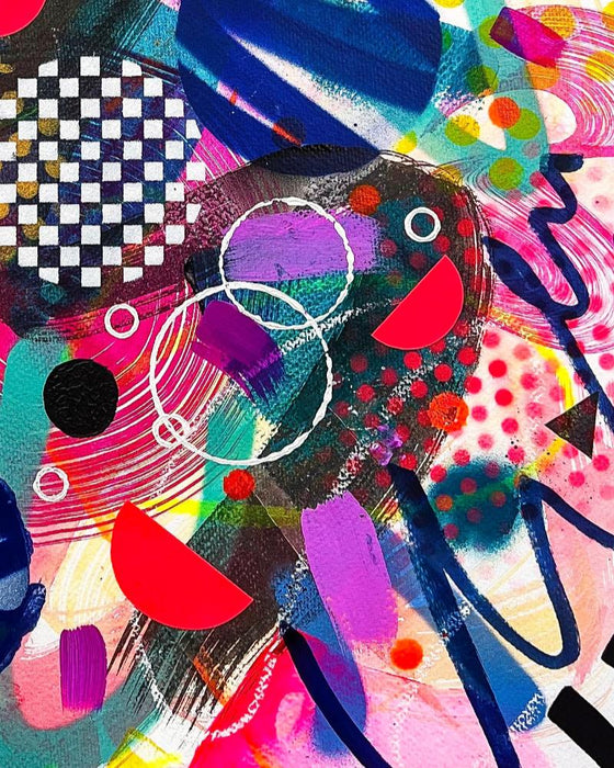 Close-up of details and textures of colourful abstract fine art print by Kate Elkington filled with vibrant hues of neon pink, blue, orange, and yellow. The composition features layered circular shapes, bold polka dots, and geometric patterns such as triangles and grids. Energetic brushstrokes and splashes of paint create a lively, dynamic effect, while contrasting tones of black and white add balance. The piece exudes a playful and uplifting vibe.