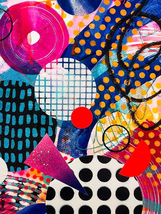 Close-up of details and textures of a colourful abstract fine art print by Kate Elkington. Filled with vibrant hues of neon pink, blue, orange, and yellow, the composition of this artwork feature layered circular shapes, bold polka dots, and geometric patterns such as triangles and grids. Energetic brushstrokes and splashes of paint create a lively, dynamic effect, while contrasting tones of black and white add balance. This piece exude a playful and uplifting vibe.