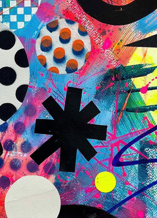 Close-up of details and textures of a vibrant abstract artwork by Kate Elkington, filled with bold shapes, patterns, and dynamic colours. The piece features overlapping circles, triangles, and curved elements in vivid tones of pink, orange, blue, and yellow, accented with polka dots, grids, and energetic brushstrokes. The design conveys a sense of playful creativity and movement.