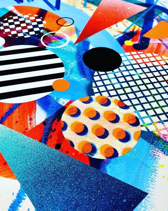 Close-up of details and textures of a vibrant abstract artwork featuring a dynamic mix of bold shapes, patterns, and colours. The composition includes overlapping circles, triangles, and lines in neon pinks, blues, oranges, and yellows, accented with stripes, polka dots, and grid designs. The piece radiates energy and playful creativity.