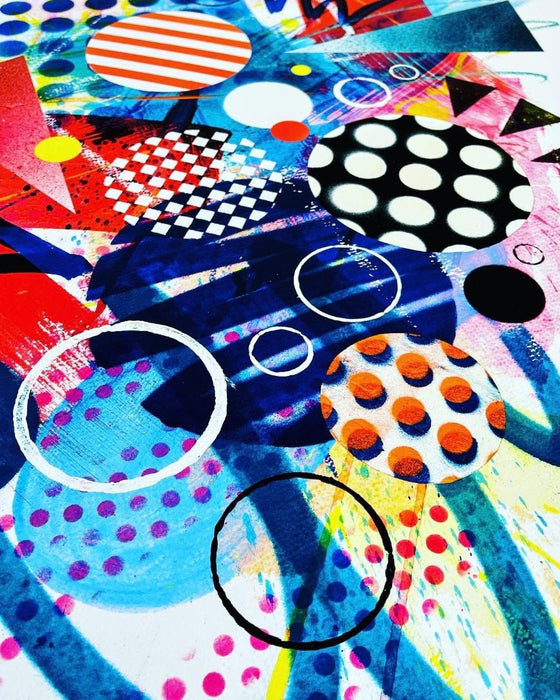 Close-up of details and textures of a vibrant, colourful abstract artwork featuring bold, graphic shapes, dynamic brushstrokes, and playful patterns. The composition includes splashes of neon pink, orange, and blue, layered with geometric elements such as dots, grids, and curved black lines, radiating energy and movement.