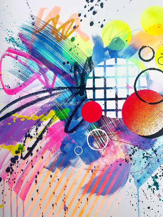 A close-up of details and textures of a dynamic abstract artwork by Kate Elkington featuring bold splashes of neon pink, yellow, orange, and blue, combined with graphic circle shapes, stripes, black accents and white grid patterns. Expressive brush strokes, crayon scribbles and paint drips add movement and energy, creating a vibrant and playful composition that radiates joy and positivity.
