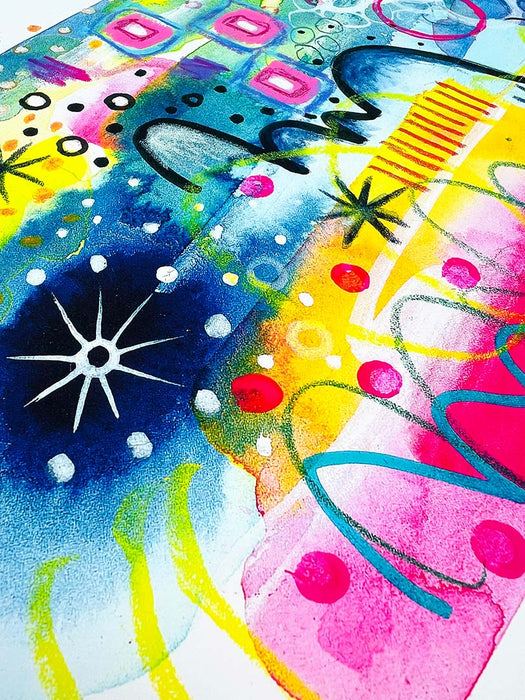 Close-up of details and textures of a vibrant abstract giclée art print by Kate Elkington, featuring a playful mix of shapes and colours. Golden yellows, blues, indigo and pinks are blended with soft washes of watercolour, overlaid with whimsical patterns like dots, stars, and swirls. Free-flowing lines and dynamic brushstrokes create a sense of movement, while geometric elements such as squares and circles add structure.