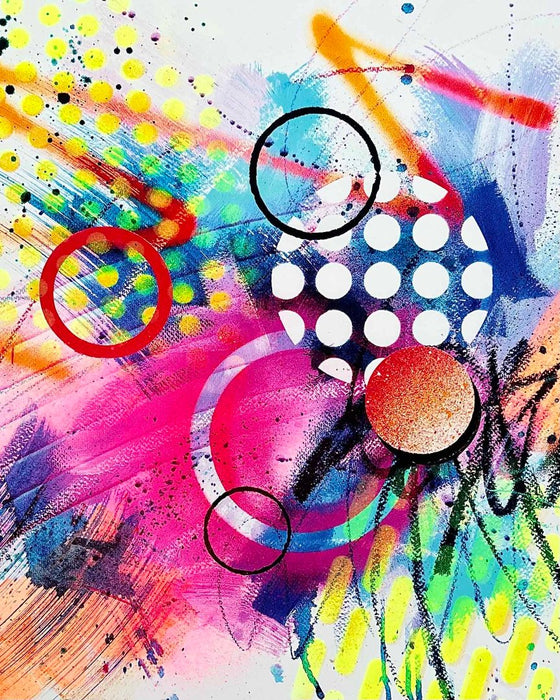 Close-up of details and textures of a  vibrant abstract artwork by artist Kate Elkington, bursting with neon hues of pink, orange, yellow, and blue. The composition features bold circular shapes, polka dot patterns, energetic paint splatters, and expressive brushstrokes. Layered textures add contrast and depth, creating a dynamic piece full of playful movement and joyful energy.