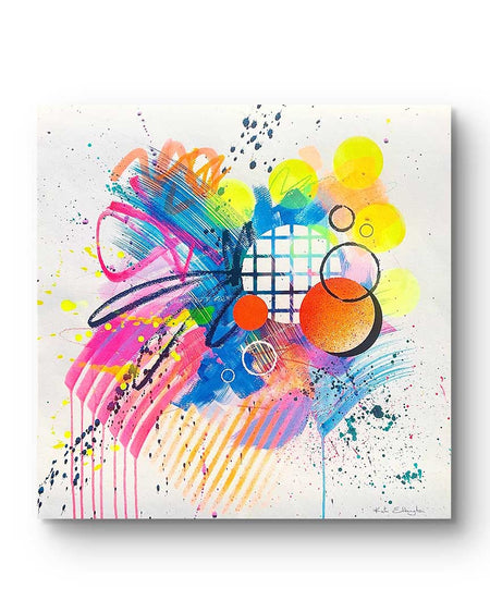 A dynamic abstract artwork by Kate Elkington featuring bold splashes of neon pink, yellow, orange, and blue, combined with graphic circle shapes, stripes, black accents and white grid patterns. Expressive brush strokes, crayon scribbles and paint drips add movement and energy, creating a vibrant and playful composition that radiates joy and positivity.
