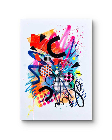A vibrant, colourful abstract artwork by artist Kate Elkington, featuring bold, graphic shapes, dynamic brushstrokes, and playful patterns. The composition includes splashes of neon pink, orange, bright red, and blue, layered with geometric elements such as dots, grids, and curved black lines, radiating energy and movement.