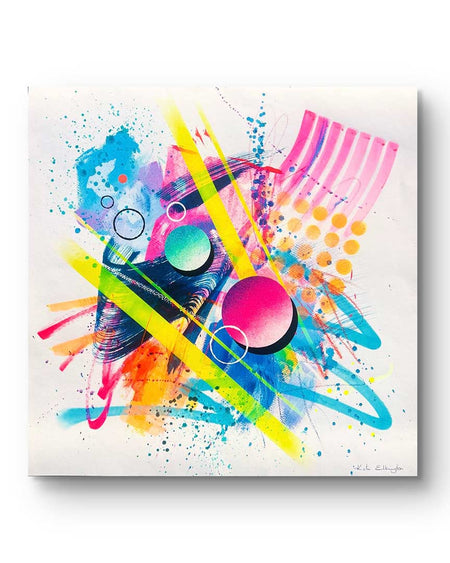 A vibrant abstract artwork by Kate Elkington bursting with neon hues of pink, orange, yellow, and blue. The composition features bold circular shapes, polka dot patterns, stripes, energetic paint splatters, and expressive brushstrokes. Layered textures add contrast and depth, creating a dynamic piece full of playful movement and joyful energy.