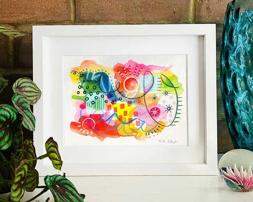 Small White Framed Abstract 'Happy Doodle' Joyful Colourful Artwork by Kate Elkington