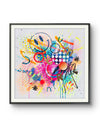 Black framed colourful, abstract, one-of-a-kind, original, hand-finished, personalised, fine-art print, known as a Personalised-Pimped-Up-Prints by artist Kate Elkington. Neon colours, smileys, geometric shapes, gold letters, expressive textures. Unique and affordable.