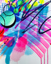 Close-up of details and textures of a dynamic abstract artwork by Kate Elkington featuring bold splashes of neon pink, jade green, yellow, orange, and blue, combined with graphic circle shapes, stripes, black accents and white grid patterns. Expressive brush strokes, crayon scribbles and paint drips add movement and energy, creating a vibrant and playful composition that radiates joy and positivity.