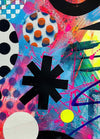 Close-up of details and textures of a vibrant abstract artwork by Kate Elkington, filled with bold shapes, patterns, and dynamic colours. The piece features overlapping circles, triangles, and curved elements in vivid tones of pink, orange, blue, and yellow, accented with polka dots, grids, and energetic brushstrokes. The design conveys a sense of playful creativity and movement.