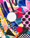 A close-up detail of SWEET, a colourful abstract fine art print by Kate Elkington filled with vibrant hues of neon pink, blue, orange, and yellow. The composition features layered circular shapes, bold polka dots, and geometric patterns such as triangles and grids. Energetic brushstrokes and splashes of paint create a lively, dynamic effect, while contrasting tones of black and white add balance. The piece exudes a playful and uplifting vibe.