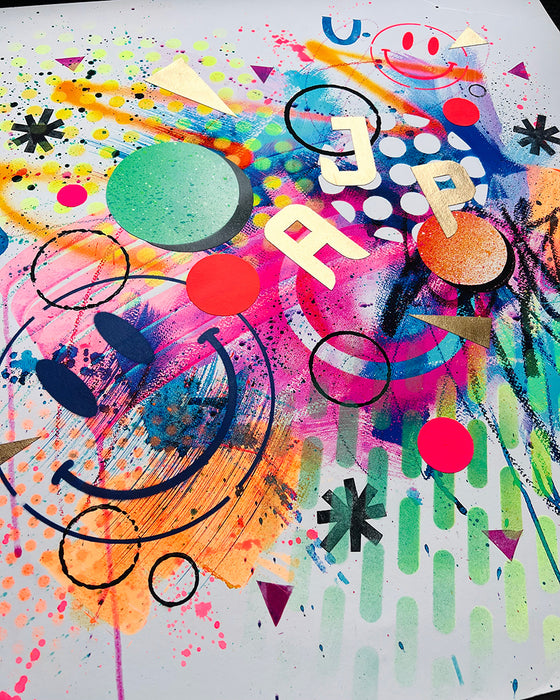 Close up of a colourful, abstract, one-of-a-kind, original, hand-finished, personalised, fine-art print, known as a Personalised-Pimped-Up-Prints by artist Kate Elkington. Neon colours, smileys, geometric shapes, gold letters, expressive textures. Unique and affordable.