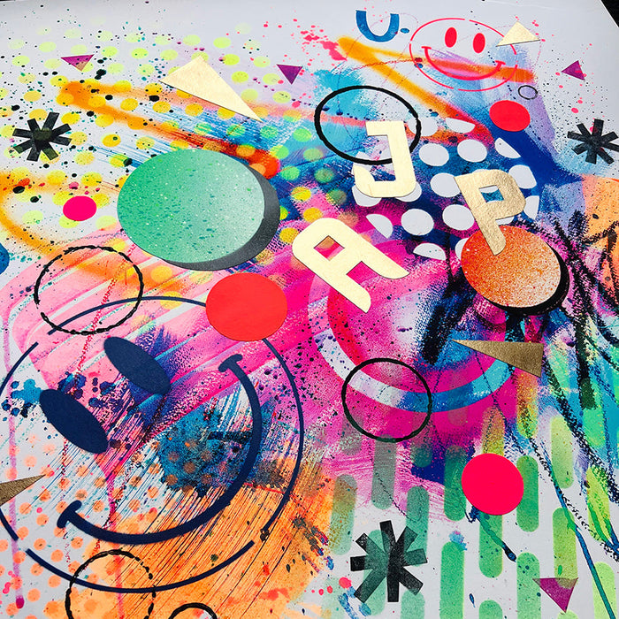 Close up of a colourful, abstract, one-of-a-kind, original, hand-finished, personalised, fine-art print, known as a Personalised-Pimped-Up-Prints by artist Kate Elkington. Neon colours, smileys, geometric shapes, gold letters, expressive textures. Unique and affordable.