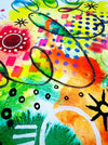 Close-up details and textures of a vibrant abstract giclée art print by Kate Elkington, featuring a playful mix of shapes and colours. Bright yellows, oranges, blues, greens, and hot pinks are blended with soft washes of watercolour, overlaid with whimsical patterns like dots, stars, and swirls. Free-flowing lines and dynamic brushstrokes create a sense of movement, while geometric elements such as squares and circles add structure. 