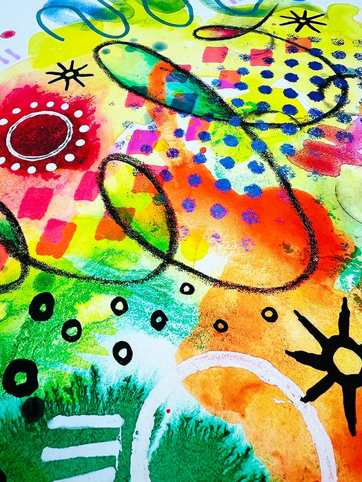 Close-up details and textures of a vibrant abstract giclée art print by Kate Elkington, featuring a playful mix of shapes and colours. Bright yellows, oranges, blues, greens, and hot pinks are blended with soft washes of watercolour, overlaid with whimsical patterns like dots, stars, and swirls. Free-flowing lines and dynamic brushstrokes create a sense of movement, while geometric elements such as squares and circles add structure. 