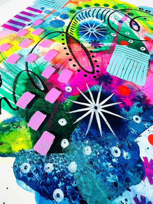 Close-up of details and textures of a vibrant abstract giclée art print by Kate Elkington, featuring a playful mix of shapes and colours. Greens, yellows, blues, indigo and pinks are blended with soft washes of watercolour, overlaid with whimsical patterns like dots, stars, and swirls. Free-flowing lines and dynamic brushstrokes create a sense of movement, while geometric elements such as squares and circles add structure.