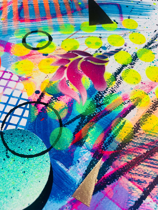 A close-up of a colourful, abstract, one-of-a-kind, original, hand-finished, personalised, fine-art print, known as a Personalised-Pimped-Up-Prints by artist Kate Elkington. Neon colours, unicorn sillouette, geometric shapes, gold elements, expressive textures. Unique and affordable.