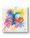 A dynamic abstract artwork by Kate Elkington featuring bold splashes of neon pink, yellow, orange, and blue, combined with graphic circle shapes, stripes, black accents and white grid patterns. Expressive brush strokes, crayon scribbles and paint drips add movement and energy, creating a vibrant and playful composition that radiates joy and positivity.