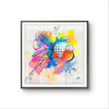 A black framed dynamic abstract artwork by Kate Elkington featuring bold splashes of neon pink, yellow, orange, and blue, combined with graphic circle shapes, stripes, black accents and white grid patterns. Expressive brush strokes, crayon scribbles and paint drips add movement and energy, creating a vibrant and playful composition that radiates joy and positivity.