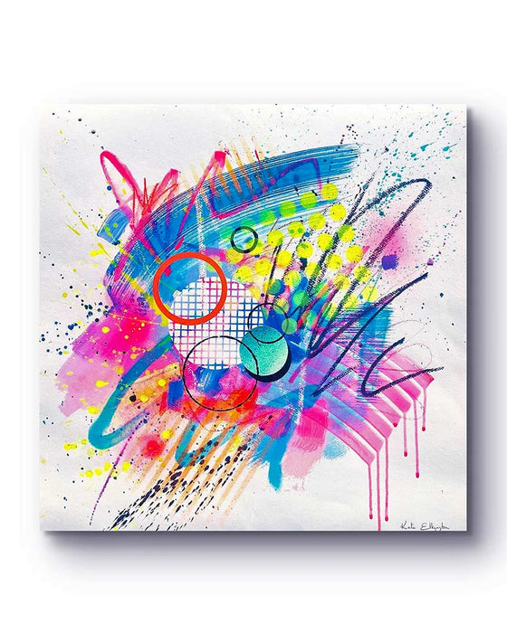 A dynamic abstract artwork by Kate Elkington featuring bold splashes of neon pink, jade green, yellow, orange, and blue, combined with graphic circle shapes, stripes, black accents and white grid patterns. Expressive brush strokes, crayon scribbles and paint drips add movement and energy, creating a vibrant and playful composition that radiates joy and positivity.