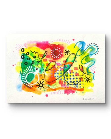 A vibrant abstract giclée art print by Kate Elkington, featuring a playful mix of shapes and colours. Bright yellows, oranges, blues, greens, and hot pinks are blended with soft washes of watercolour, overlaid with whimsical patterns like dots, stars, and swirls. Free-flowing lines and dynamic brushstrokes create a sense of movement, while geometric elements such as squares and circles add structure. The overall composition uplifting and joyful