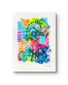 A vibrant, abstract giclée art print by Kate Elkington, featuring a playful mix of shapes and colours. Greens, yellows, blues, indigo and pinks are blended with soft washes of watercolour, overlaid with whimsical patterns like dots, stars, and swirls. Free-flowing lines and dynamic brushstrokes create a sense of movement, while geometric elements such as squares and circles add structure.