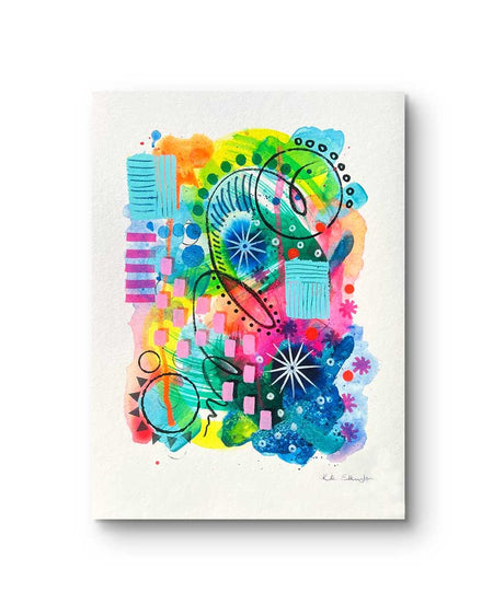 A vibrant, abstract giclée art print by Kate Elkington, featuring a playful mix of shapes and colours. Greens, yellows, blues, indigo and pinks are blended with soft washes of watercolour, overlaid with whimsical patterns like dots, stars, and swirls. Free-flowing lines and dynamic brushstrokes create a sense of movement, while geometric elements such as squares and circles add structure.