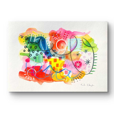 A vibrant abstract giclée art print by Kate Elkington, featuring a playful mix of shapes and colours. Bright yellows, reds, blues, greens, and pinks are blended with soft washes of watercolour, overlaid with whimsical patterns like dots, stars, and swirls. Free-flowing lines and dynamic brushstrokes create a sense of movement, while geometric elements such as squares and circles add structure. The overall composition uplifting and joyful