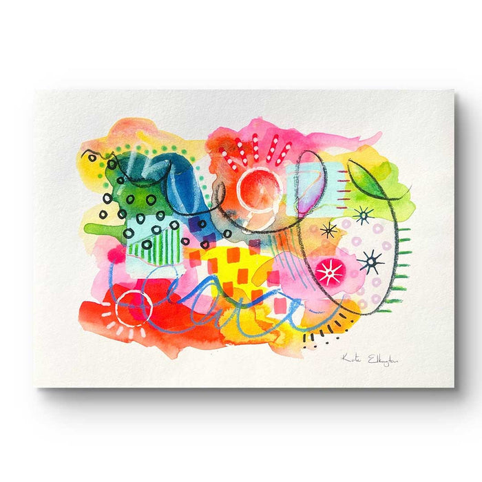 A vibrant abstract giclée art print by Kate Elkington, featuring a playful mix of shapes and colours. Bright yellows, reds, blues, greens, and pinks are blended with soft washes of watercolour, overlaid with whimsical patterns like dots, stars, and swirls. Free-flowing lines and dynamic brushstrokes create a sense of movement, while geometric elements such as squares and circles add structure. The overall composition uplifting and joyful