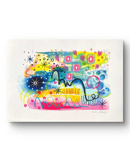 A vibrant abstract giclée art print by Kate Elkington, featuring a playful mix of shapes and colours. Golden yellows, blues, indigo and pinks are blended with soft washes of watercolour, overlaid with whimsical patterns like dots, stars, and swirls. Free-flowing lines and dynamic brushstrokes create a sense of movement, while geometric elements such as squares and circles add structure. The overall composition uplifting and joyful