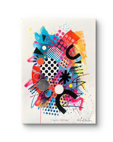 A vibrant abstract artwork filled with bold shapes, patterns, and dynamic colors. The piece features overlapping circles, triangles, and curved elements in vivid tones of pink, orange, blue, and yellow, accented with polka dots, grids, and energetic brushstrokes. The design conveys a sense of playful creativity and movement.