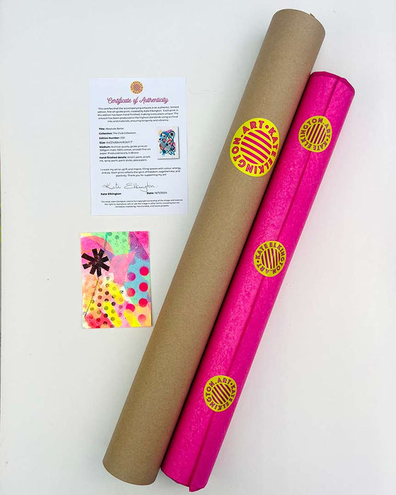 A carefully packaged up fine art giclée print by Kate Elkington. The print is wrapped in hot pink acid free tissue paper, carefully rolled and secured with attractive yellow and pink logo stickers. Next to it is the cardboard postal tube. Next to that is a certificate of authenticity for the limited edition print and a small, original, mixed media, mini postcard artwork as a thank you gift.