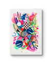 A colourful abstract fine art print by Kate Elkington filled with vibrant hues of neon pink, blue, orange, and yellow. The composition features layered circular shapes, bold polka dots, and geometric patterns such as triangles and grids. Energetic brushstrokes and splashes of paint create a lively, dynamic effect, while contrasting tones of black and white add balance. The piece exudes a playful and uplifting vibe.