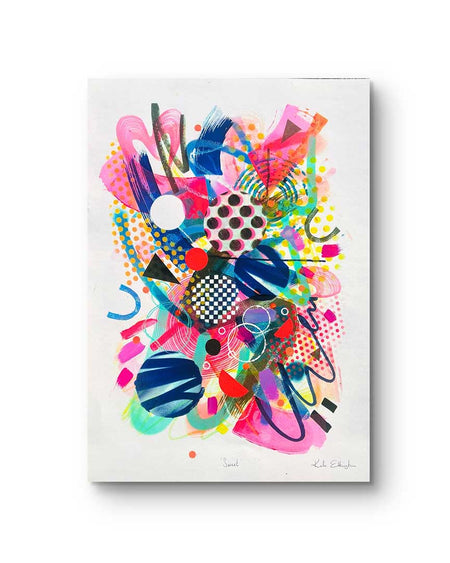 A colourful abstract fine art print by Kate Elkington filled with vibrant hues of neon pink, blue, orange, and yellow. The composition features layered circular shapes, bold polka dots, and geometric patterns such as triangles and grids. Energetic brushstrokes and splashes of paint create a lively, dynamic effect, while contrasting tones of black and white add balance. The piece exudes a playful and uplifting vibe.