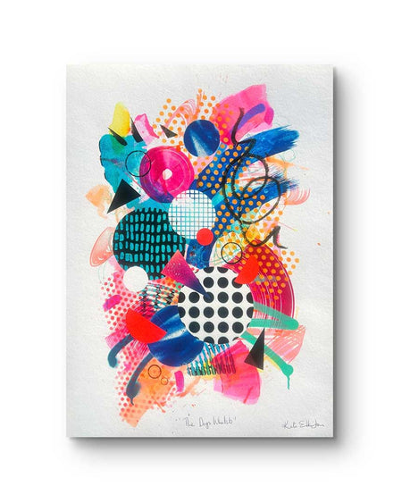 A colourful abstract fine art print by Kate Elkington filled with vibrant hues of neon pink, blue, orange, and yellow. The composition features layered circular shapes, bold polka dots, and geometric patterns such as triangles and grids. Energetic brushstrokes and splashes of paint create a lively, dynamic effect, while contrasting tones of black and white add balance. The piece exudes a playful and uplifting vibe.