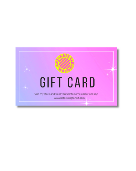 Gift card with a pink border and yellow logo on a white background