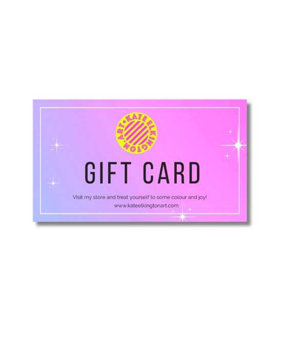 Gift card with a pink border and yellow logo on a white background