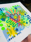 Colorful happy doodle abstract artwork with 'I love you' text, hearts and abstract designs.