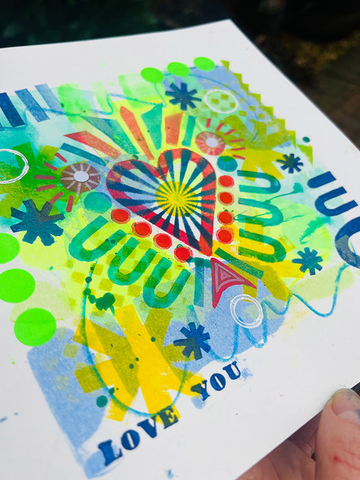 Colorful happy doodle abstract artwork with 'I love you' text, hearts and abstract designs.