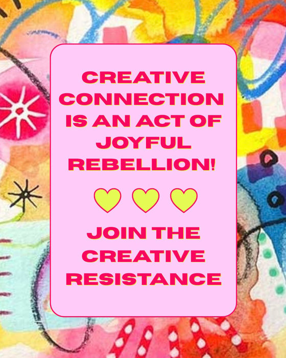 Colorful abstract design with text about creative connection and rebellion.