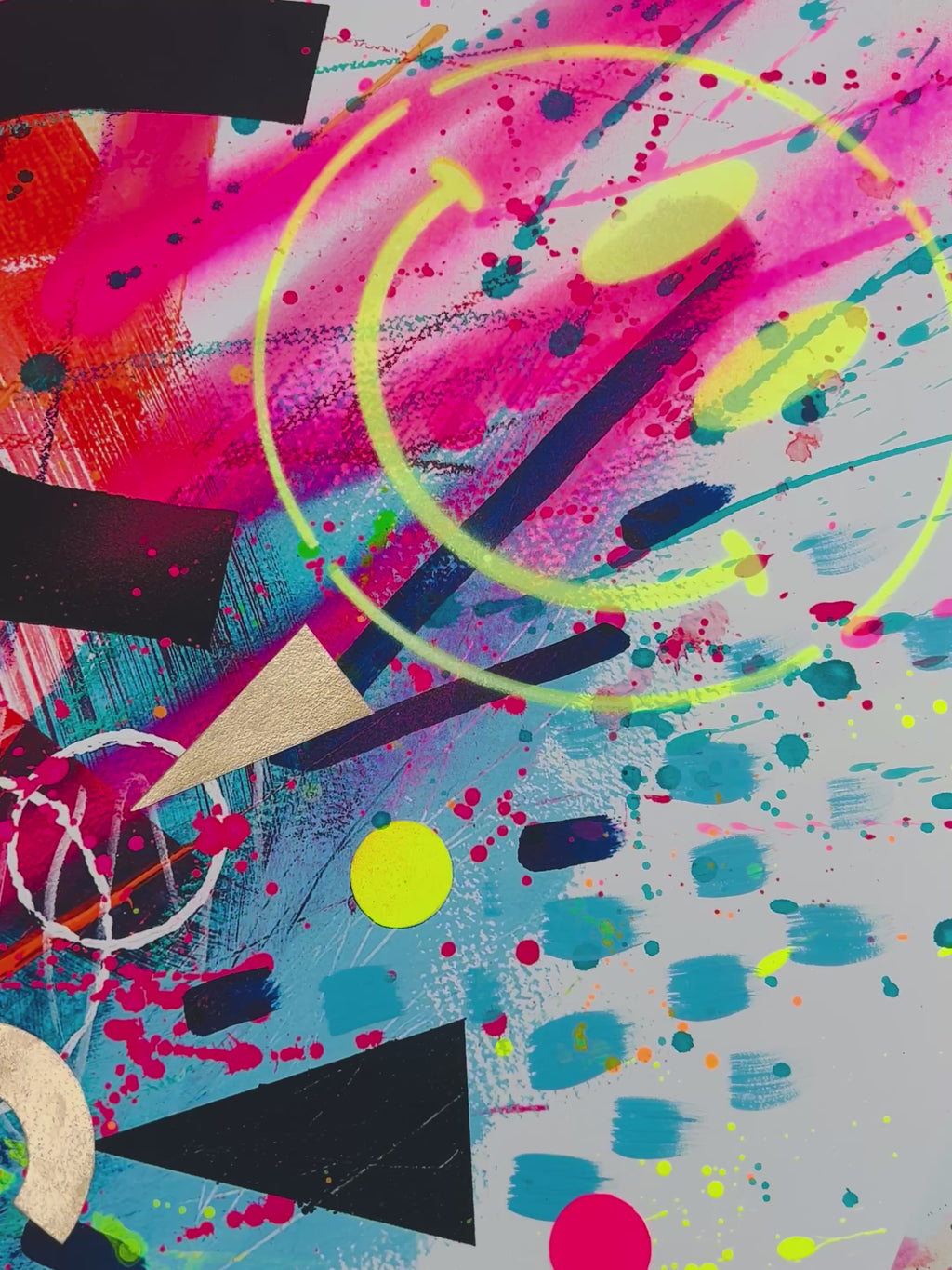 Video Close Up of vibrant, colourful details, gold initials, neon smileys and expressive textures on a one-of-a-kind, original, hand-finished, personalised, fine-art print, known as a Personalised-Pimped-Up-Prints by artist Kate Elkington.Unique and affordable.